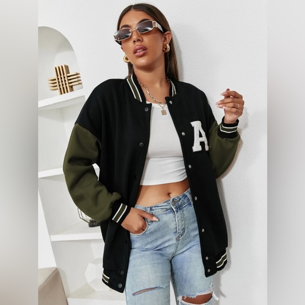 Color block Letter Patched Drop Shoulder Varsity Jacket - Never Worn - Size M